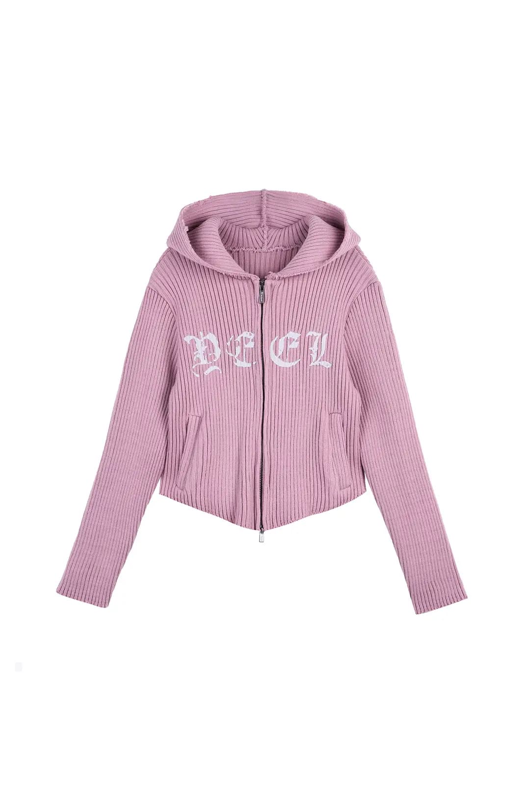 RIBBED KNIT ZIP-UP HOODIE PINK