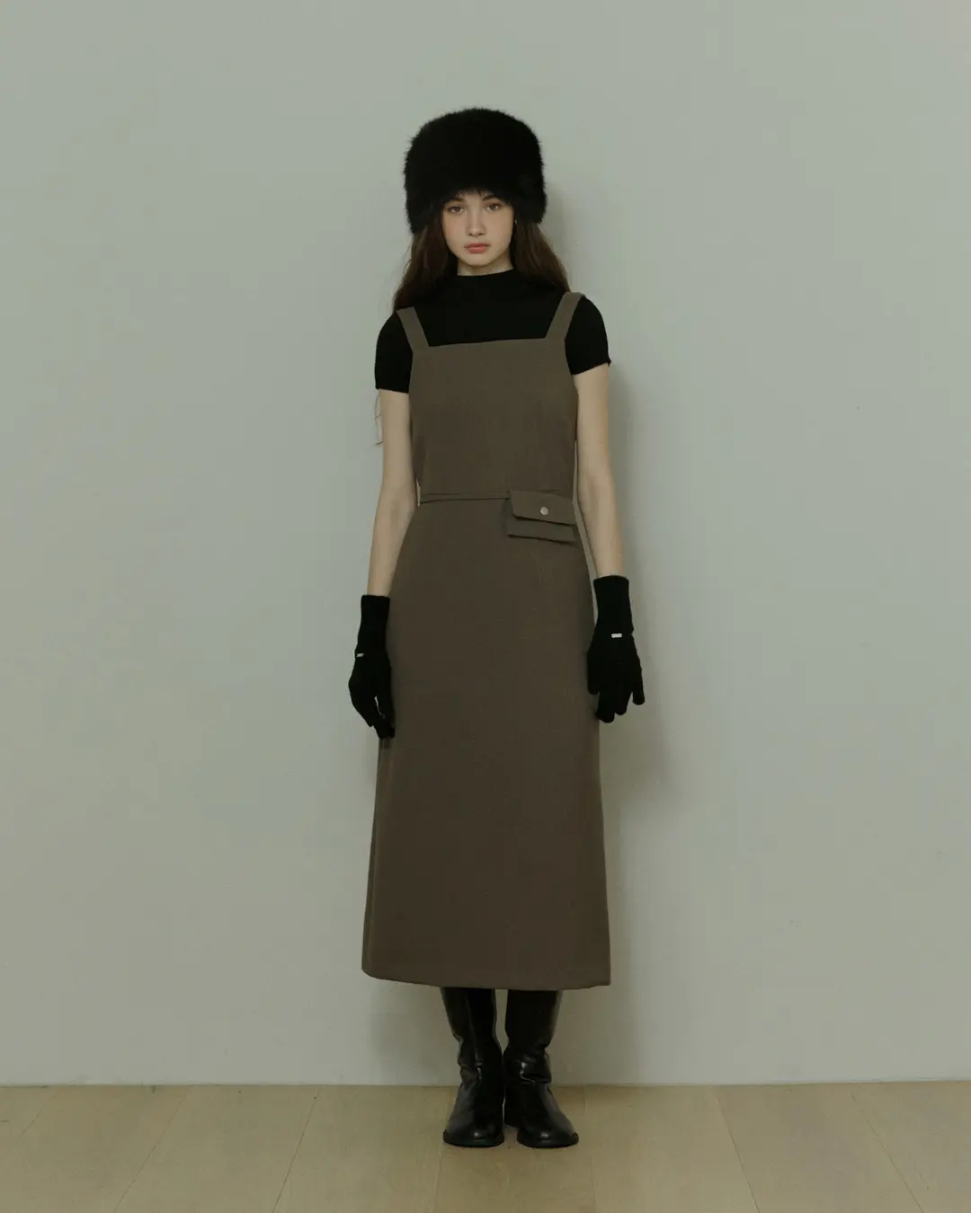 Belt layered point H line long dress - dustyolive