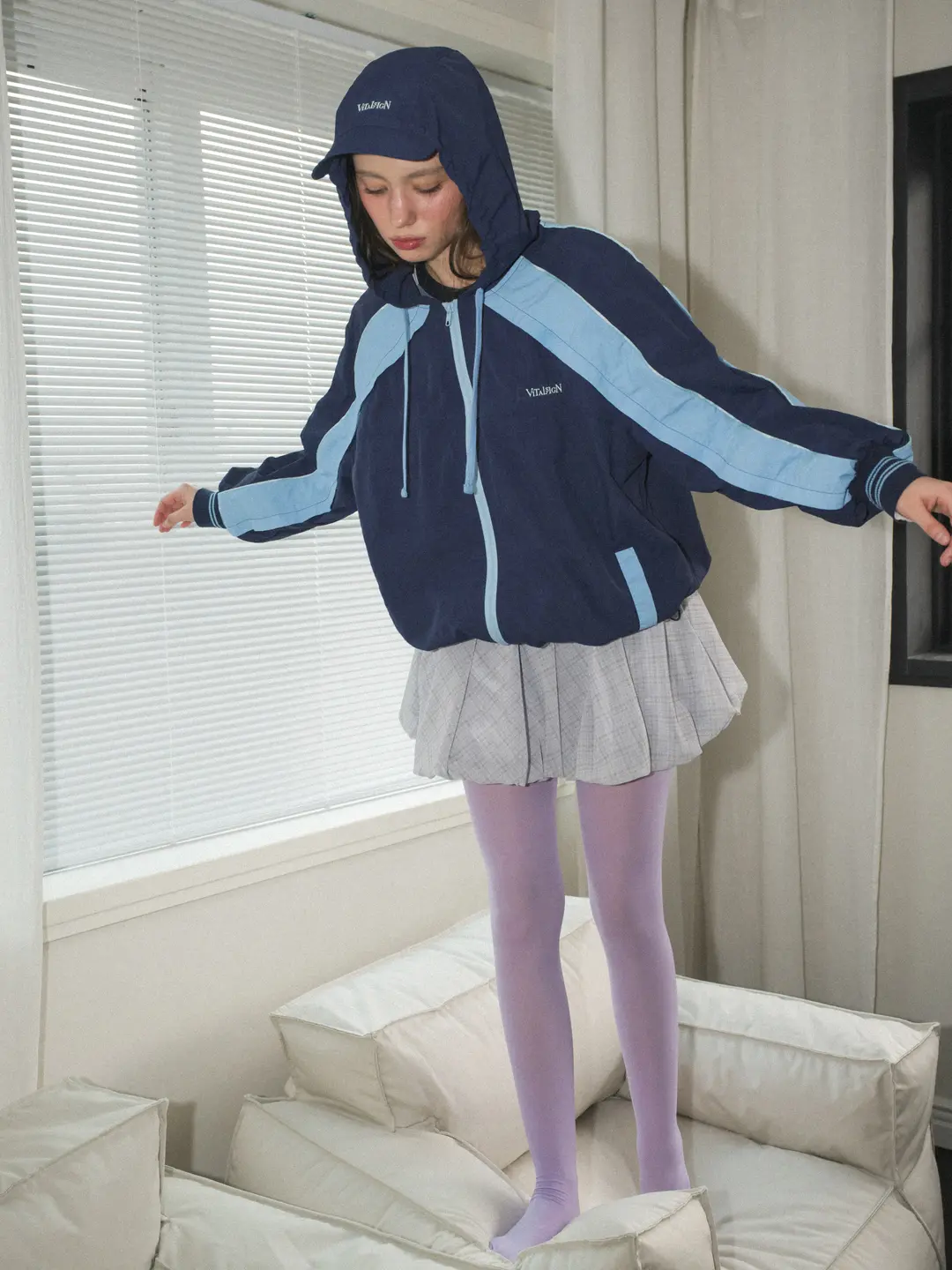 [LINE] 후드 배색 믹스 윈드브레이커 (Blue)