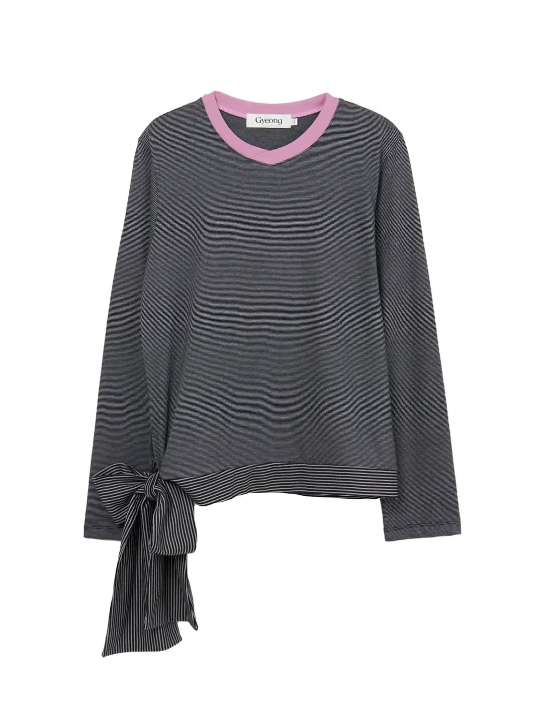 Tie Striped Long Sleeve Tee_Gray & Black
