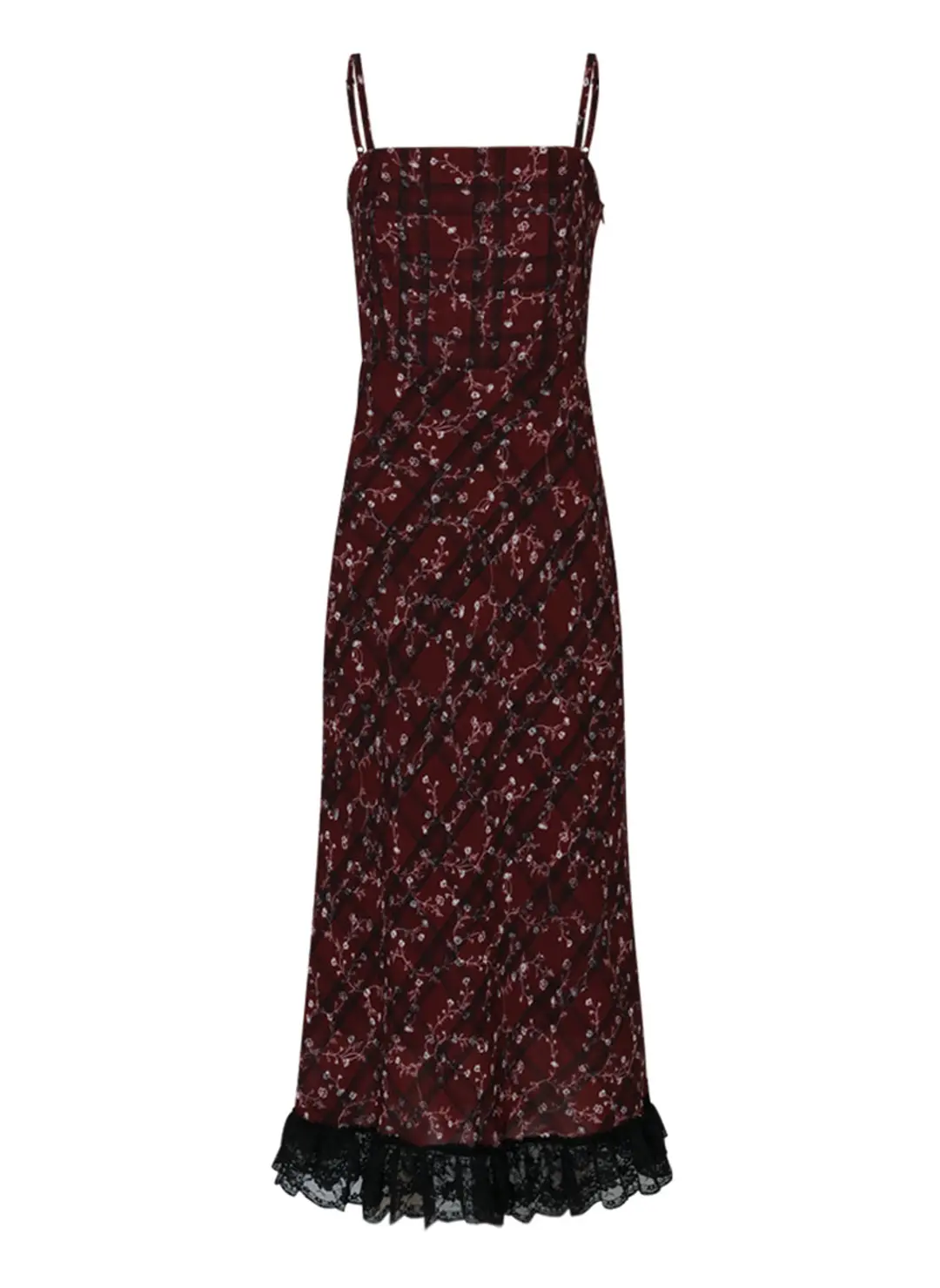Check Flower Slim Long Dress (Burgundy)