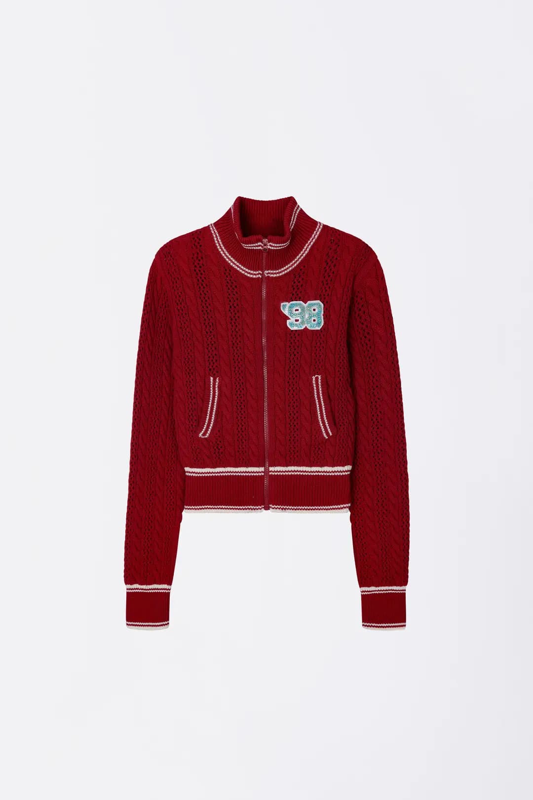 Knitted Cable Track Zip-Up Red/Ivory