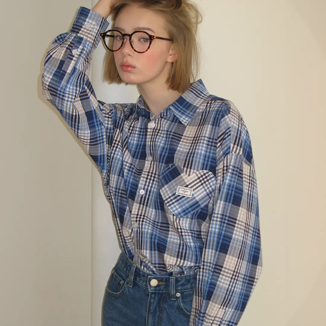 CHECK STITCH HEART POCKET OVER FIT SHIRT BLUE