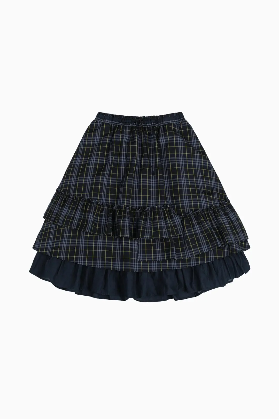 [4/1 예약배송] CHECK FRILL MIDI SKIRT, NAVY