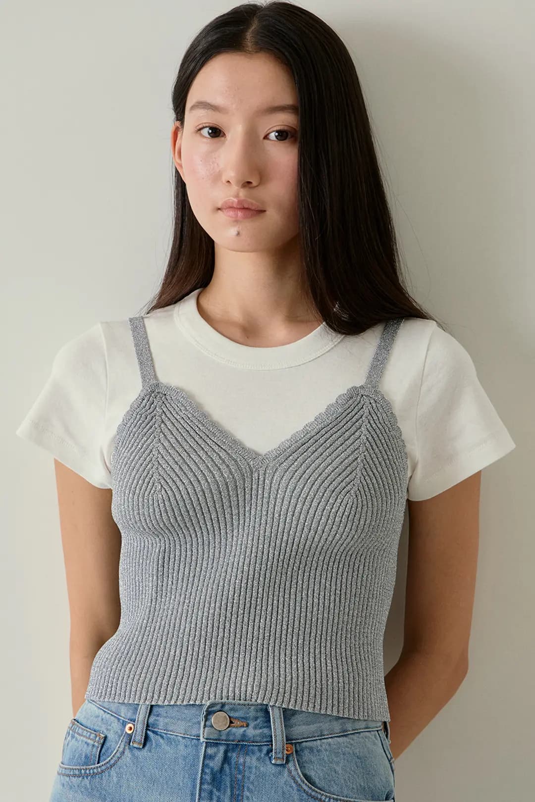 metal ribbed bustier [Italian yarn] (silver)