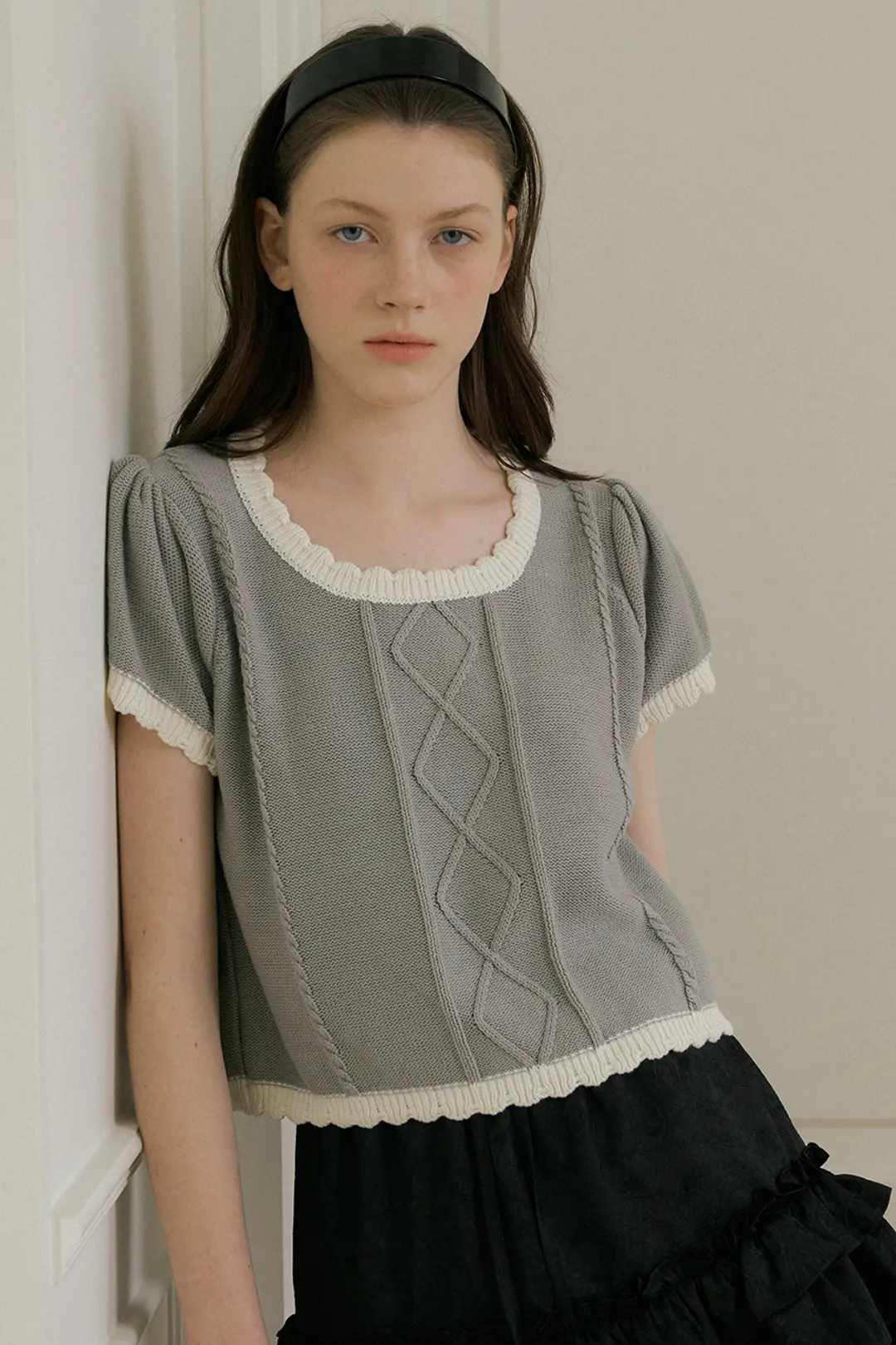 COTTON PUFF SHORT SLEEVE KNIT - GRAY