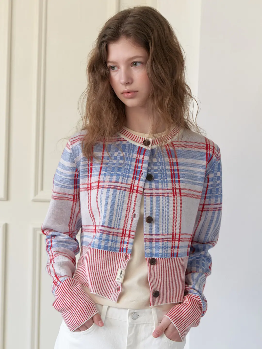 A MIXED COLOR CHECK CARDIGAN_RED