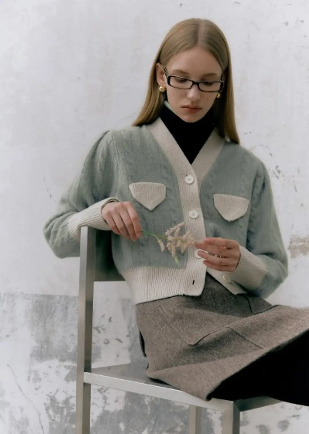 POCKET CABLE CROP CARDIGAN (french green)