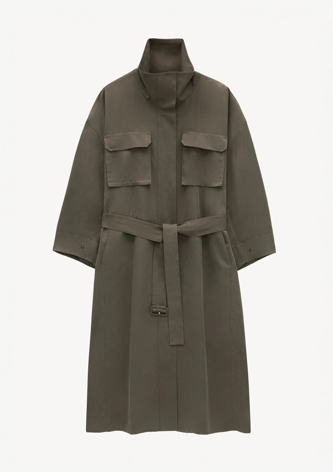 Drape High-Neck Coat in Khaki
