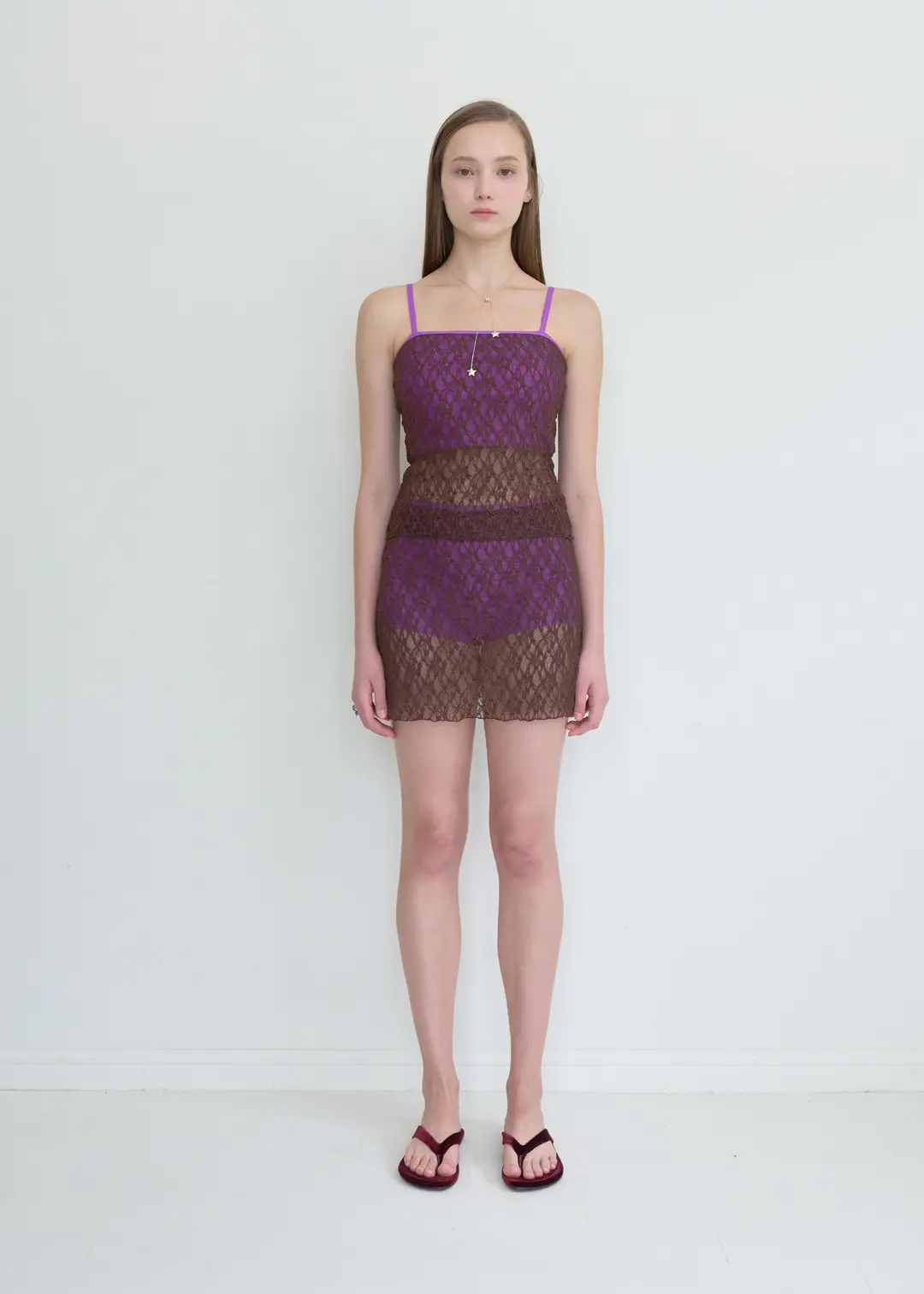 Sheer Lace Tube Top Skirt Set_Brown