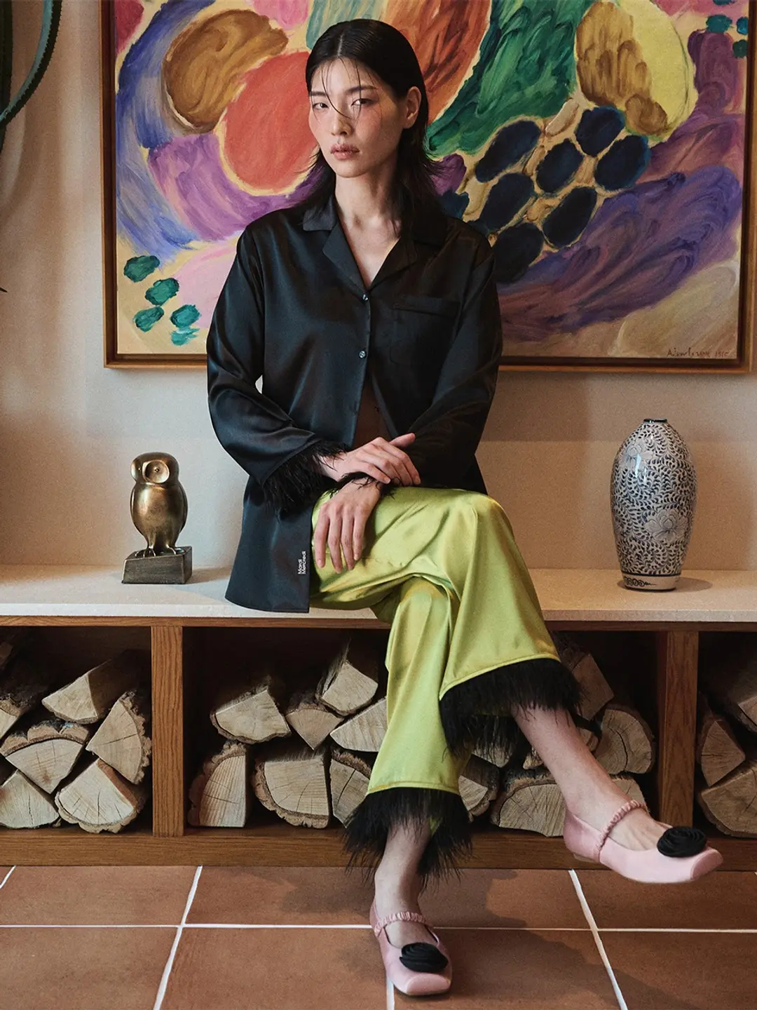 SATIN OSTRICH PANTS_APPLEGREEN