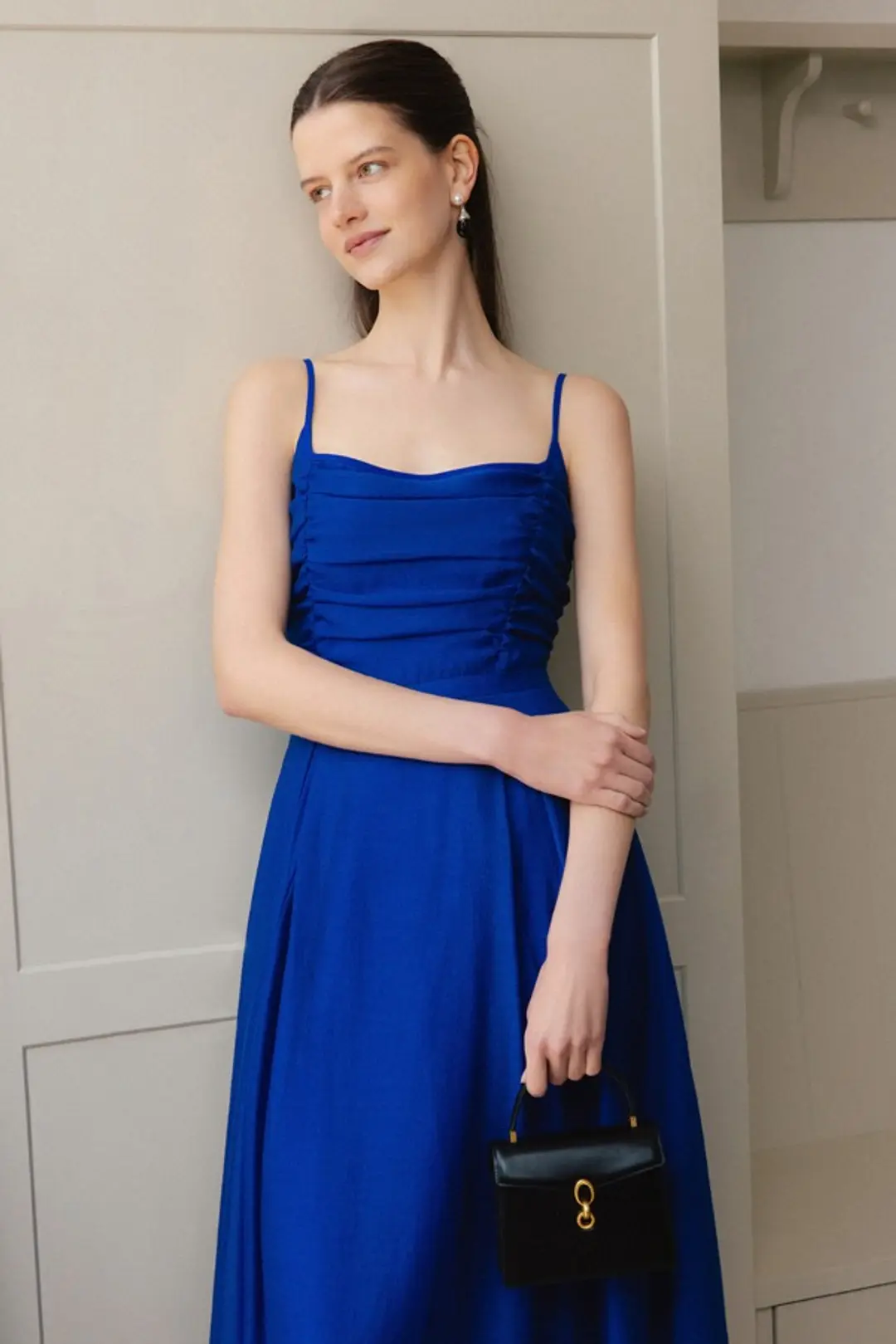 LAINIE Shirring detailed flared long dress (Cobalt blue)