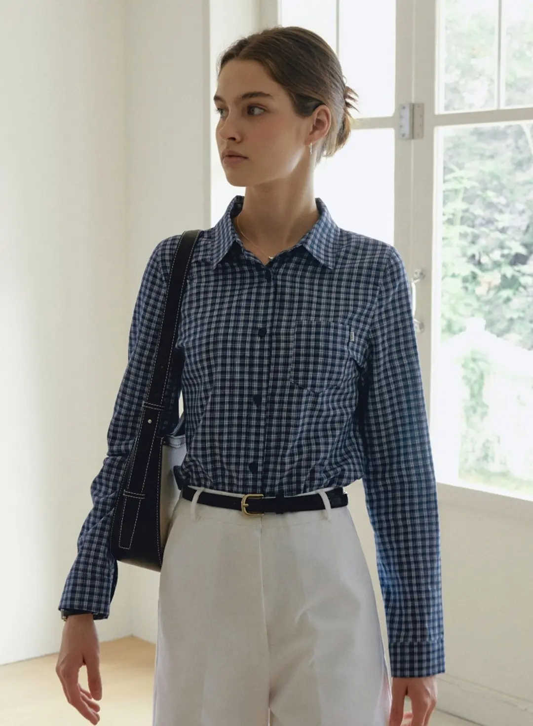 마일드 슬림 체크 셔츠 - 네이비