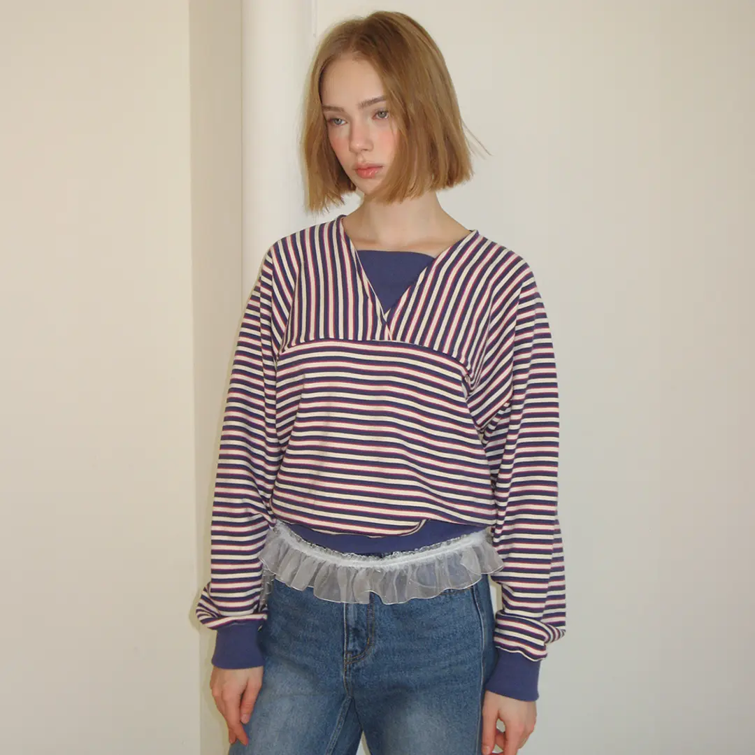PENDANT V NECK STRIPE SWEATSHIRT BLUE