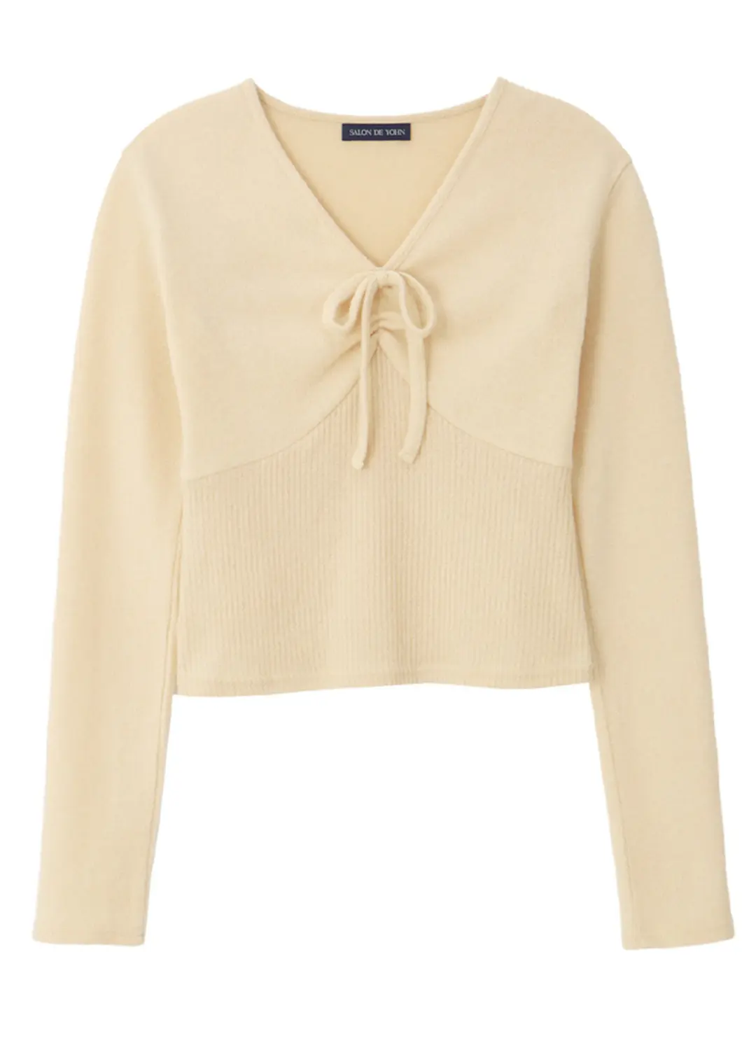 V-neck Ribbon Shirring Knit_ Butter