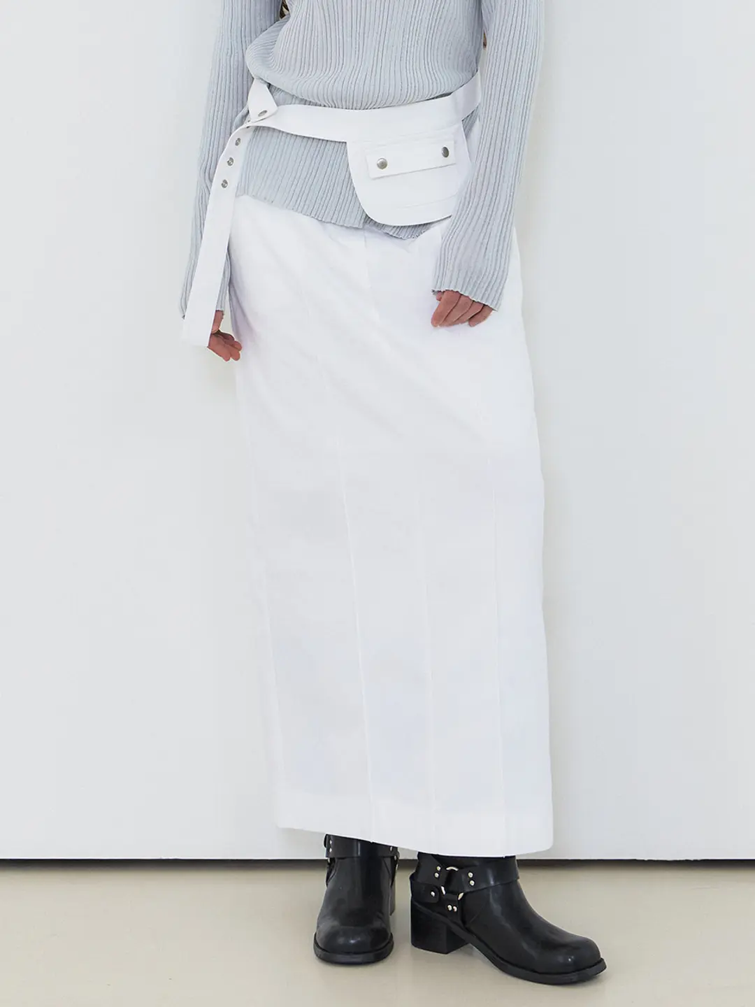 Belt Pintuck Long Skirt, White