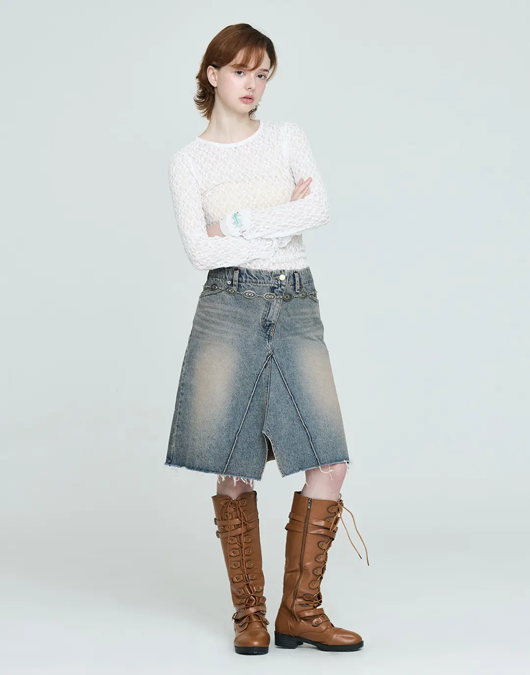 미디 데님 스커트 - 빈티지 블루