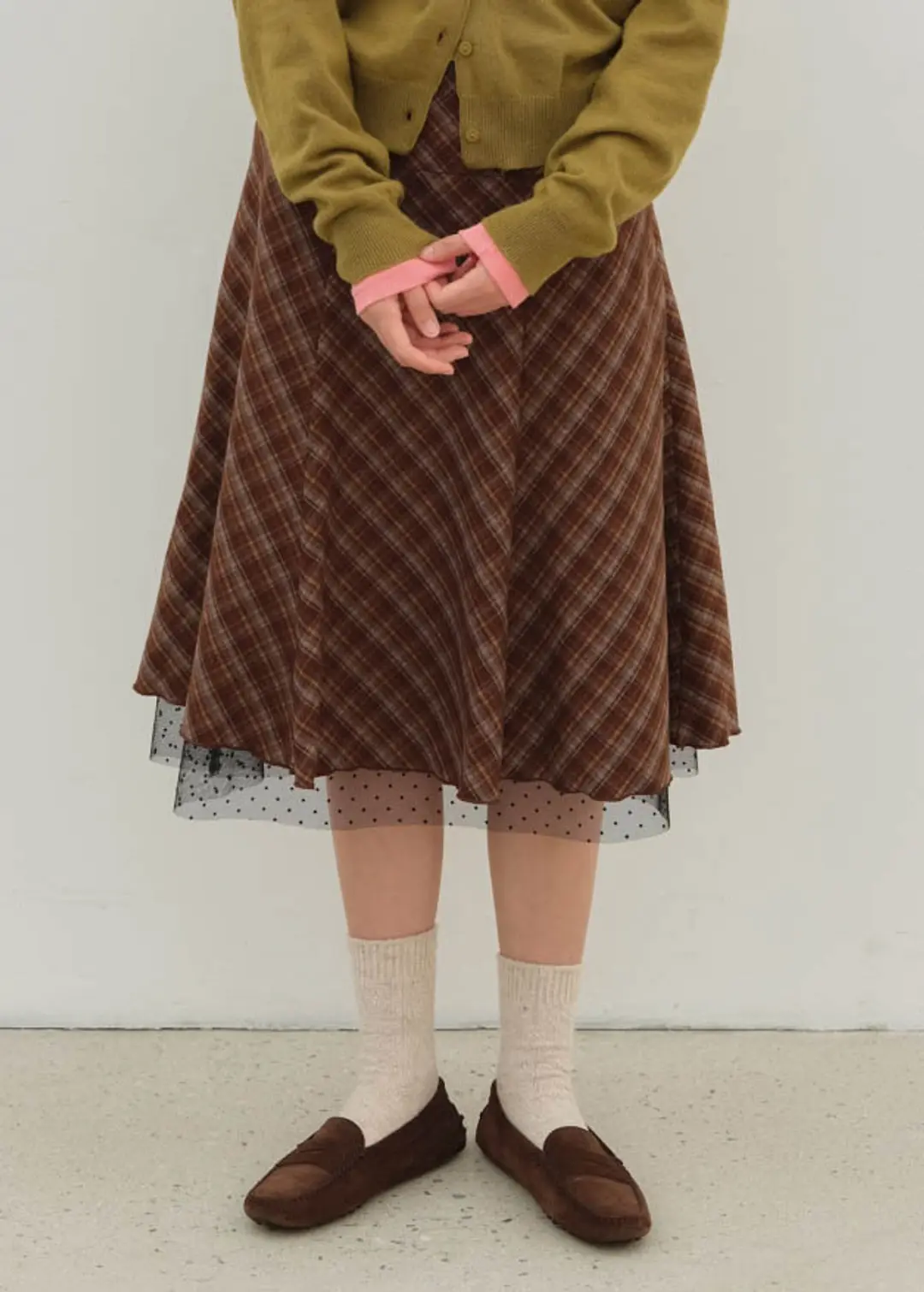 CHECK & DOT LAYERED SKIRT - BROWN