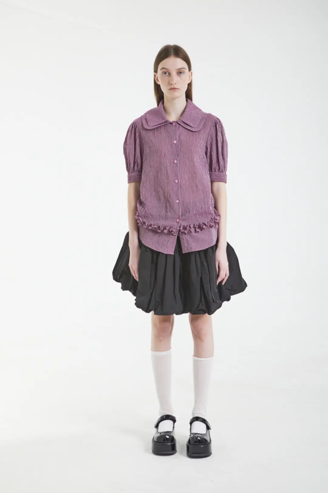 스트라이프 하프 소매 블라우스