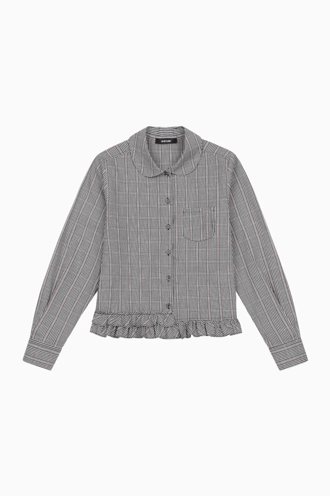 FRILL POCKET BLOUSE, CHECK